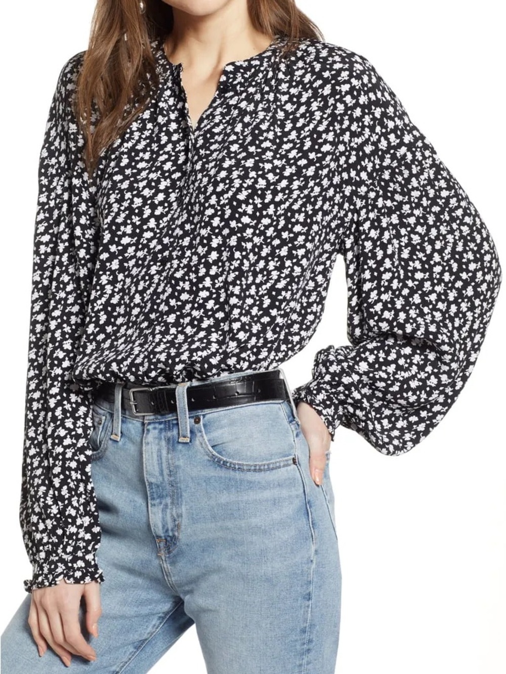 Something Navy Easy Volume Ditsy Floral Ruffle Cuffs Puff Sleeve Blouse Sz S